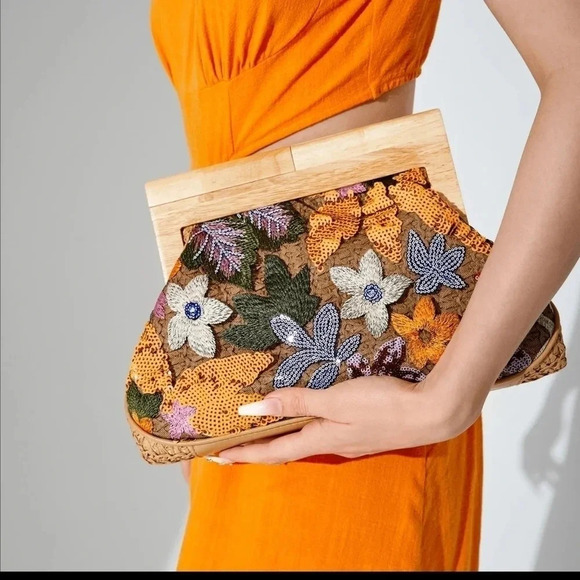 Orange Preppy Womens Floral Embroidered Sequin Decor Straw Bag - Picture 2 of 4